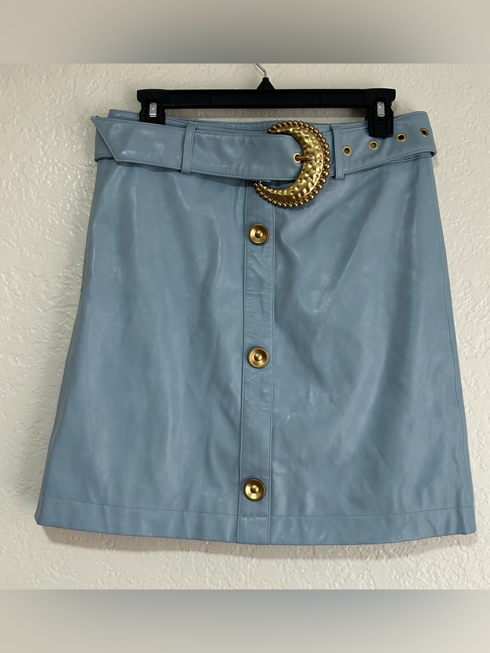 Sky Blue Faux Leather A-Line Skirt with Gold Crescent Buckle